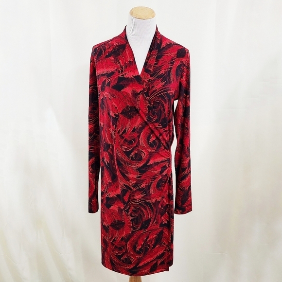 Norma Kamali red feather print wrap dress V-neck Designer Women's size large - Picture 2 of 6